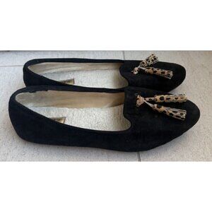 Birdies Black Leather Loafer Flats Leopard Animal Print Tassels Shearling Sz 7.5